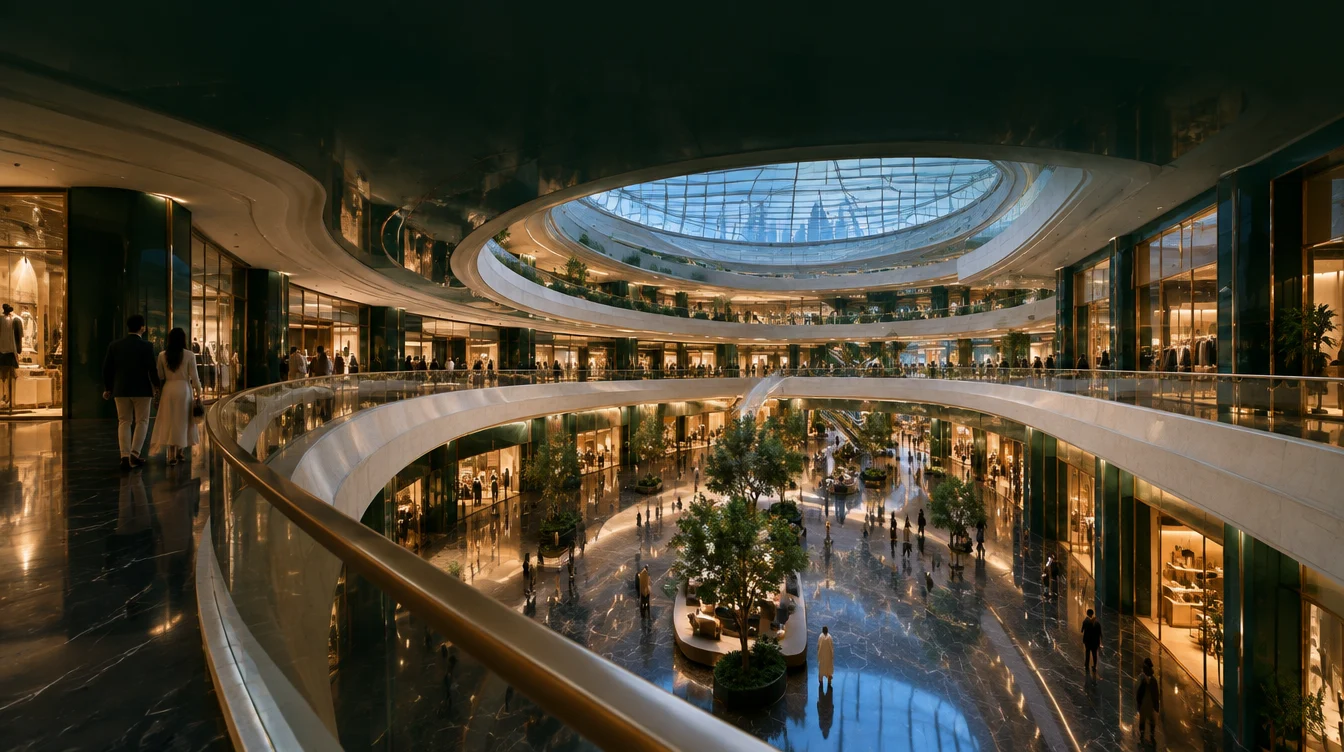 Illustrative retail destination with warm shopfronts