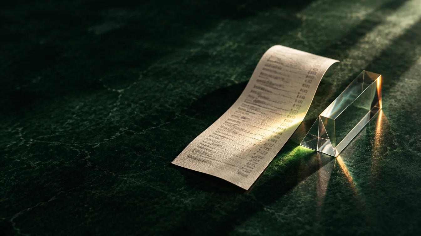 Illustrative receipt and optical glass, representing purchase interpretation