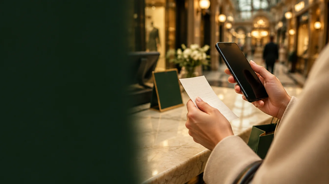 Illustrative shopper holding a receipt and phone at a boutique checkout