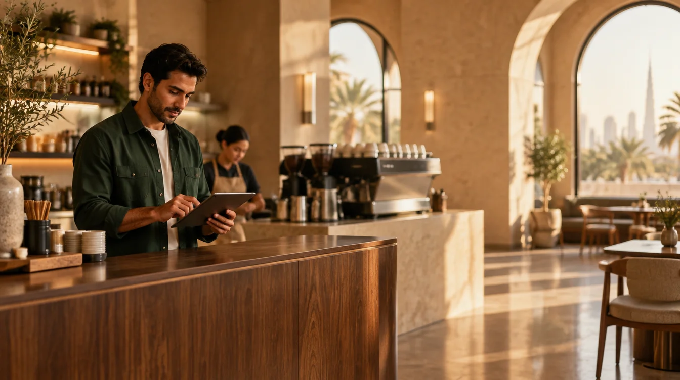 Illustrative café owner managing offers on his tablet