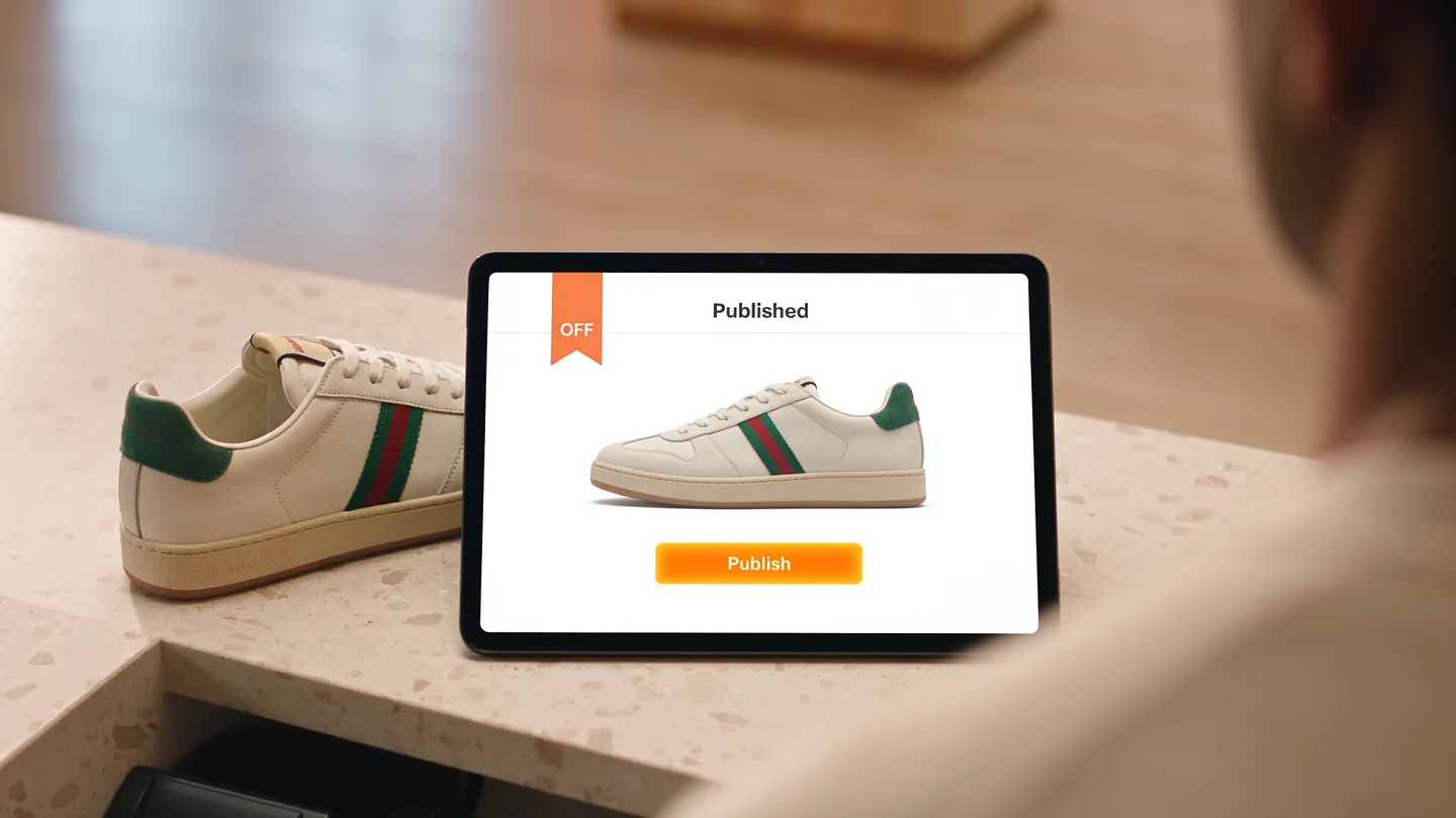 Illustrative retailer publishing a sneaker offer that a shopper uses in store